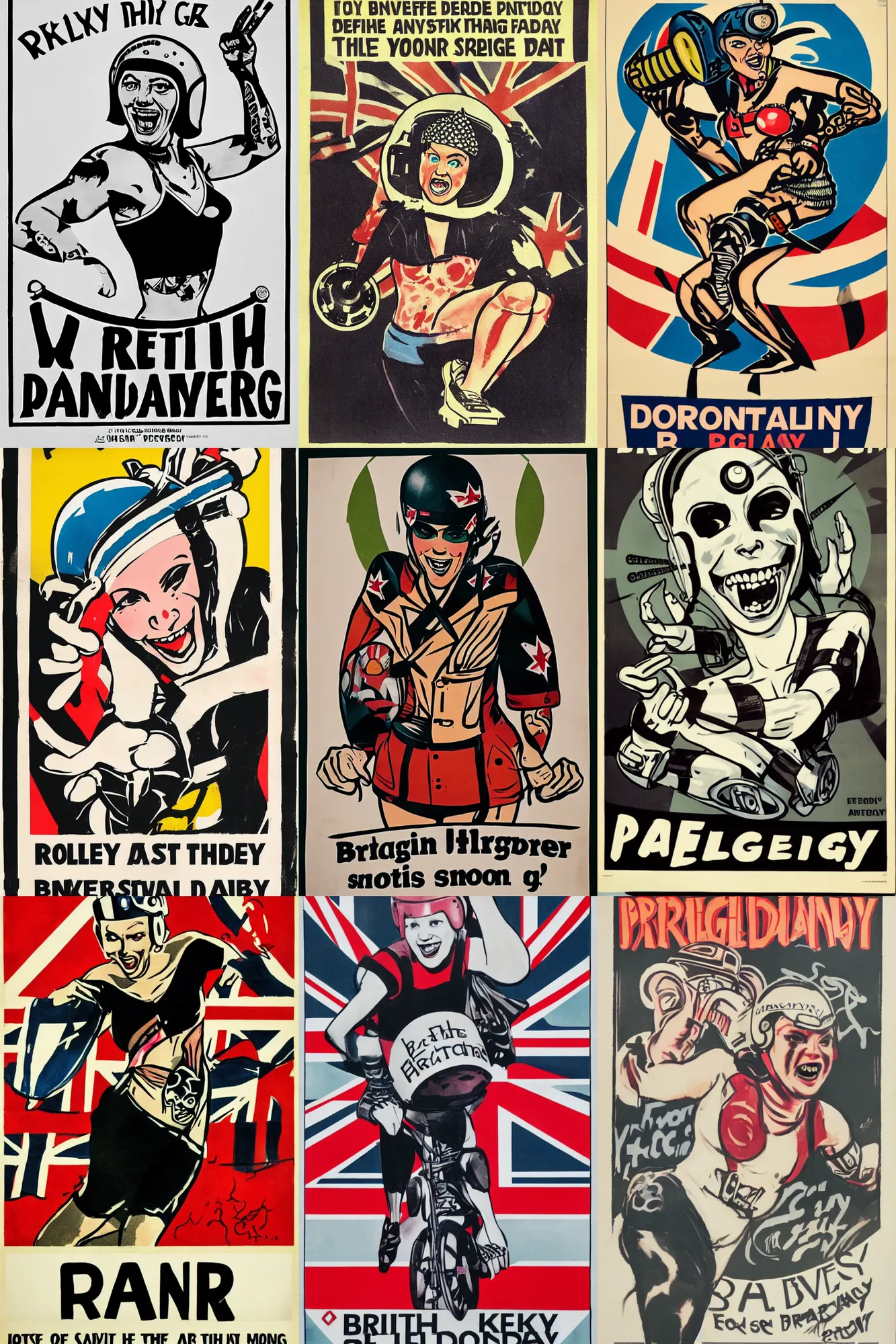 Prompt: british propaganda poster, roller derby, wearing roller derby helmet, tattoos, angry smile