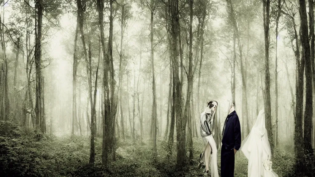 Prompt: surreal atmospheric vogue wedding photography in a forest by paolo roversi, realistic