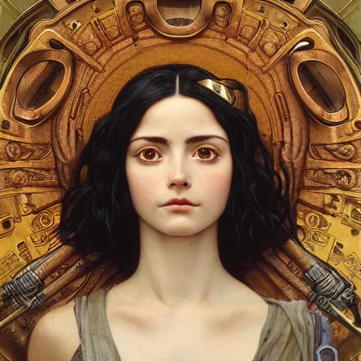 Prompt: Masterpiece head and shoulder portrait of battle angel Alita drawn by Donato Giancola and Tom Bagshaw, face by Artgerm and Edmund Leighton, Alphonse Mucha, background by James Jean and Gustav Klimt, 4k, porcelain skin, komorebi, french nouveau, trending on pixiv, octane render, hyperrealistic
