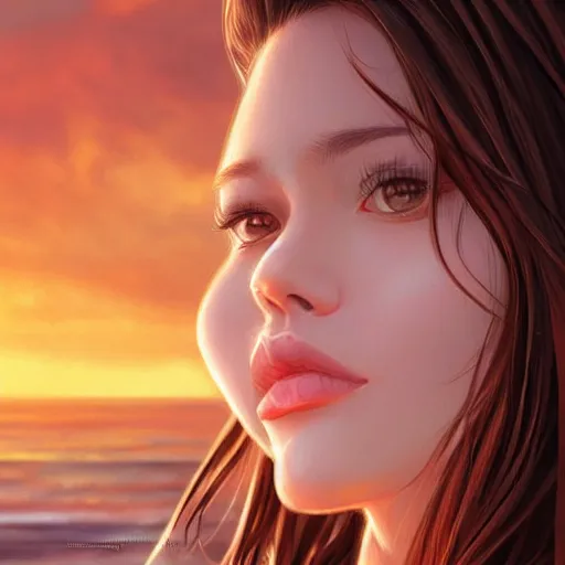 Image similar to portrait of beautiful woman on the beach, brown eyes, sunset, highly detailed, by wlop, rossdraws, artgerm.