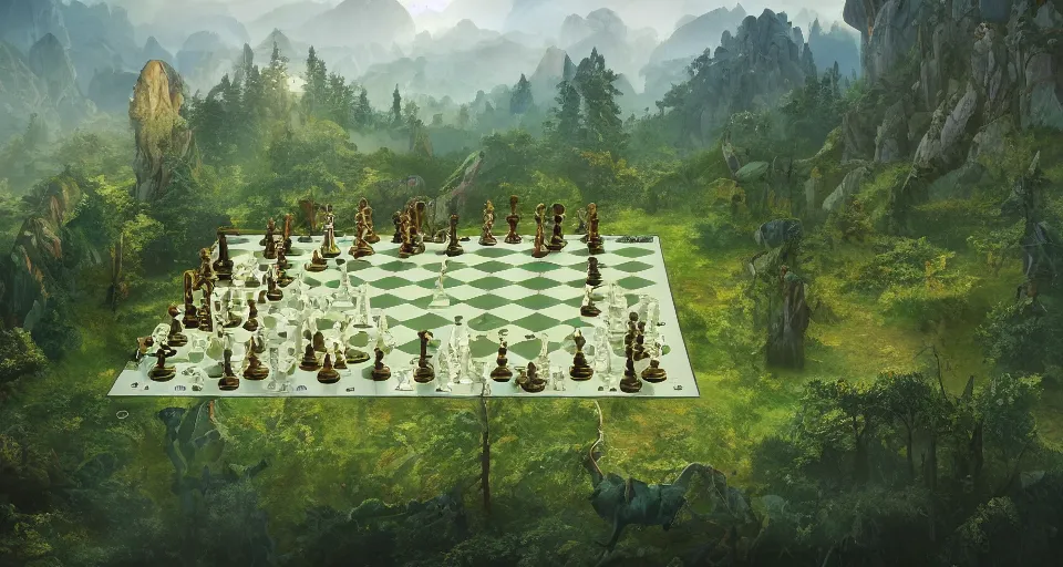 Prompt: Birdview of fairytale vast lands as a chess board. Forests, meadows or cities in each different square, 4k, octane, digital painting, artstation, concept art, sharp focus, illustration, art by artgerm and greg rutkowski and alphonse mucha