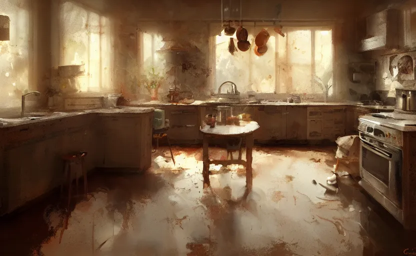 Prompt: a messy kitchen interior painting by Craig Mullins, octane rendering, warm moody lighting, wide angle lens, low view, in the style of Pixar animation, trending on artstation,