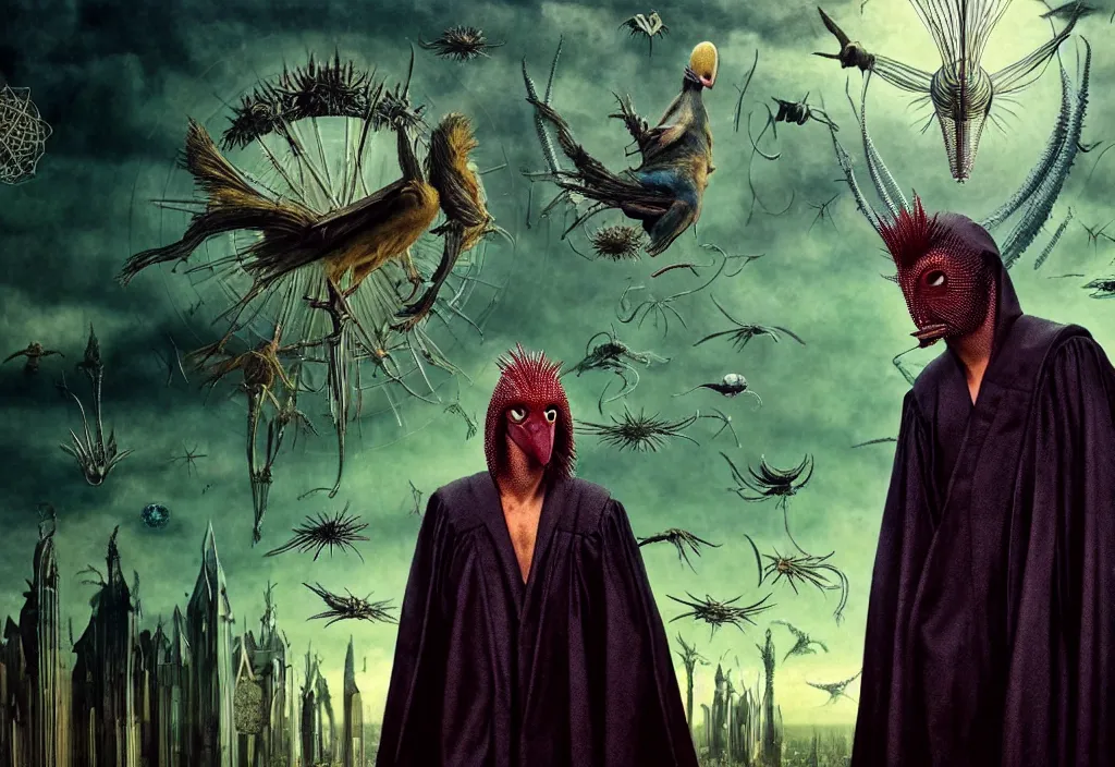 Image similar to realistic detailed portrait movie still of a birdman wearing dark robes, sci fi city landscape background by denis villeneuve, amano, yves tanguy, alphonse mucha, ernst haeckel, max ernst, ridley scott, roger dean, masterpiece, rich moody colours, cinematic, snarling dog teeth