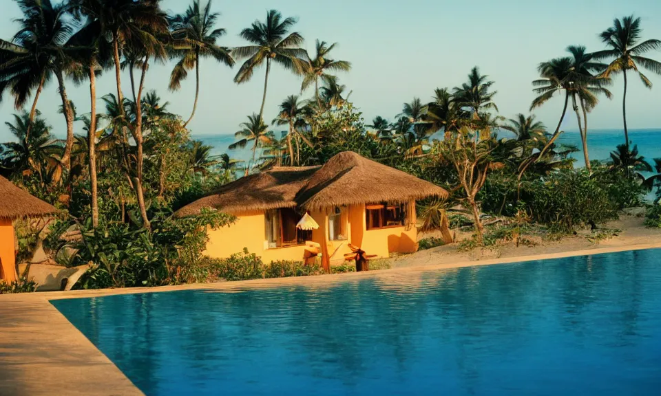 Prompt: 35mm film still, morning light over futuristic low-Fi villa on the beach at a tropical island, vivid , color palette of gold, infinity pool in front of house