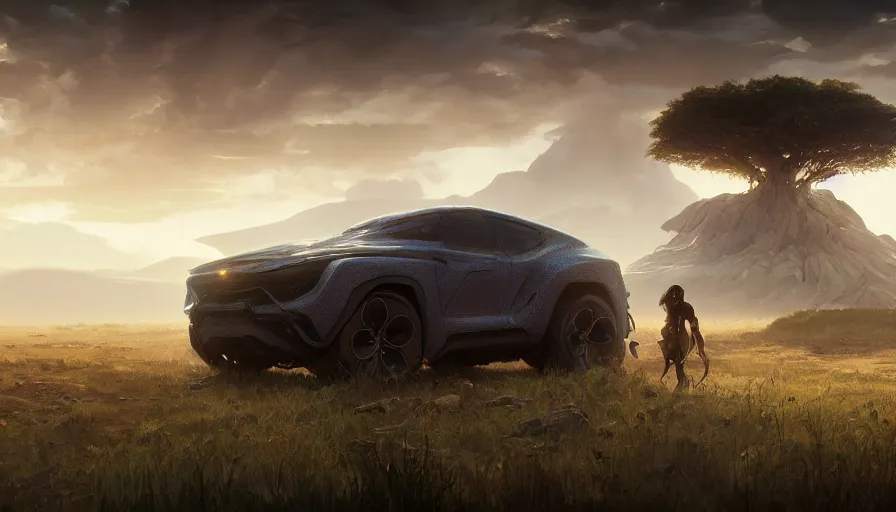 Image similar to a concept suv designed by apple driving through african savanna, artgerm and greg rutkowski and alphonse mucha, an epic fantasy, volumetric light, detailed, establishing shot, an epic fantasy, trending on art station, octane render, midsommar