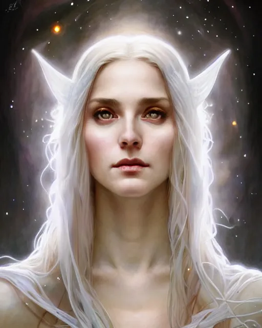 Prompt: realistic portrait of a beautiful white witch, bright, beautiful, heroic pose, beautiful face, magic, full body, dramatic lighting, intricate, wild, highly detailed, digital painting, artstation, concept art, smooth, sharp focus, illustration, art by artgerm and greg rutkowski and alphonse mucha, footage from space camera