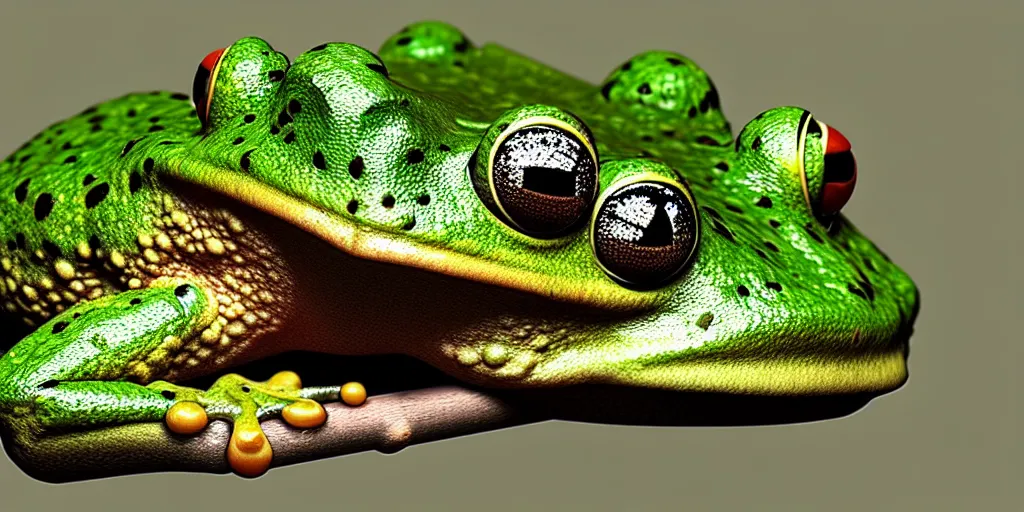 Image similar to A mixture of a fungus and a frog, photorealistic 3D artwork