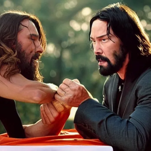 Prompt: Jesus arm wrestling Satan for the soul of Keanu reeves