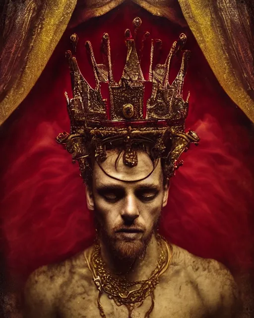 Image similar to 'Portrait of Crowned King Arthur' by Lee Jeffries royally decorated, whirling plasma, atmospheric motes, red and gold Sumptuous garb, gilt silk fabric, radiant colors, fantasy, perfect lighting, studio lit, micro details,