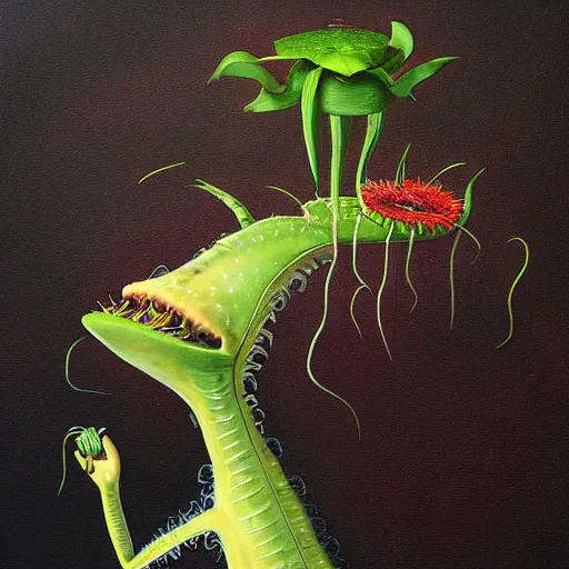 Image similar to anthropomorphic venus fly trap plant magical realism 8k detailed painting