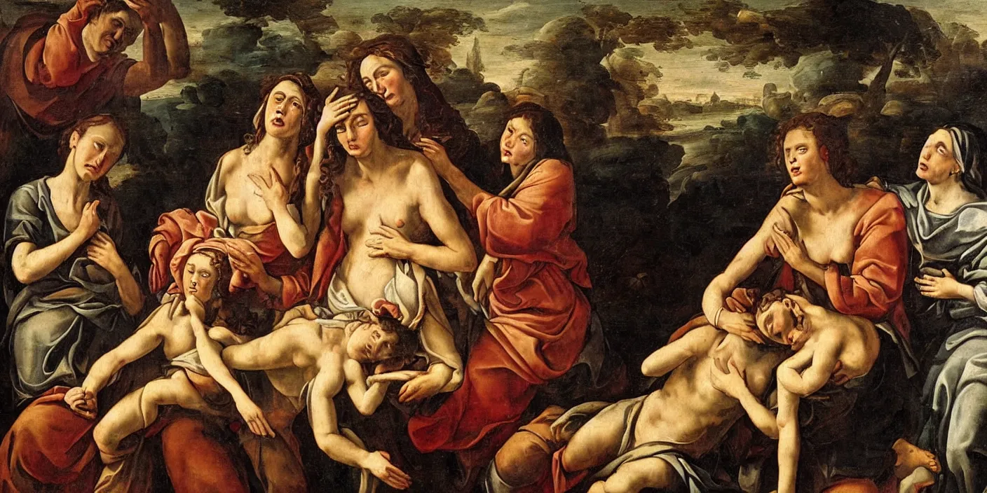 Image similar to an baroque painting of 3 maria's in a landscape crying at the death of christ