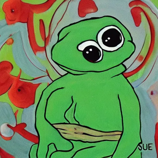 Prompt: pepe the frog by sue coe