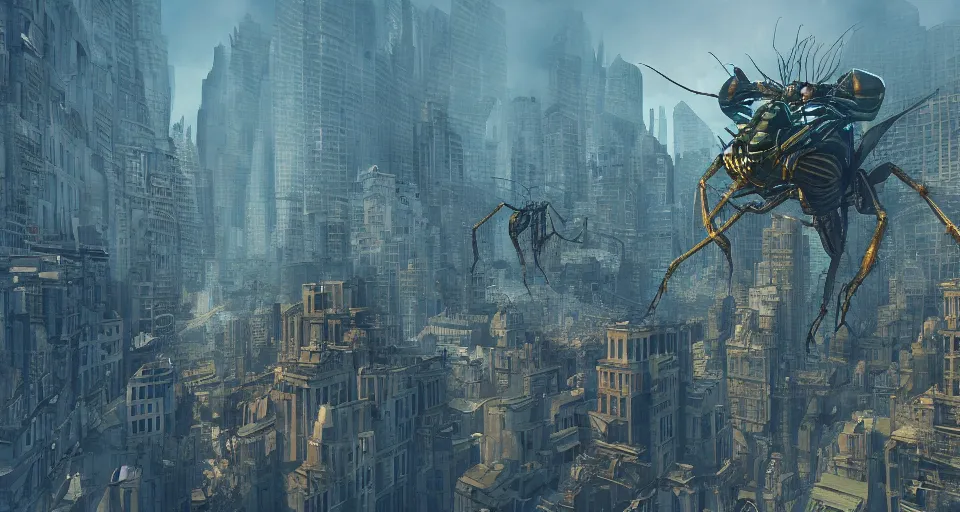 Image similar to giant insects stalk a city, hyperdetailed, artstation, cgsociety, 8k