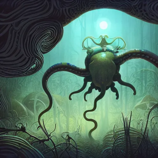 Image similar to highly detailed illustration of a nausicaa alien cephalopod in a world overgrown with fungus and spores, diffuse lighting, fog, stunning atmosphere, religious imagery, huge gargantuan black sun, muted colors, by kilian eng and james jean