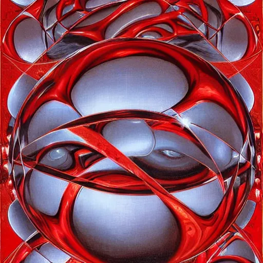 Image similar to chrome spheres on a red cube by ayami kojima