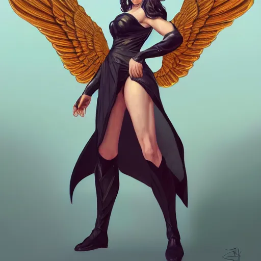 Image similar to 3 / 4 view of a portrait of a woman with wings with wings, confident pose, genshin impact, digital art,, concept art, smooth, sharp focus, illustration, trending on artstation, highly detailed, concept art, trevor carlton, trending on artstation, artgerm, anime imax 7 0 mm, h 6 4 0