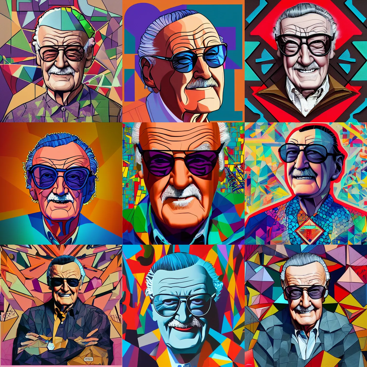 Prompt: profile picture of stan lee, graffiti, hard edges, geometric 3 d shapes, trippy, low poly, asymmetrical, surreal, 8 k, highly detailed masterpiece by sachin teng