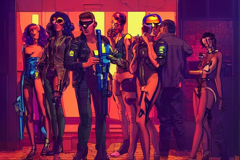 Image similar to cyberpunk heist crew in nightclub. portrait by stonehouse and mœbius and will eisner and gil elvgren and pixar. character design. realistic proportions. cyberpunk 2 0 7 7 character art, blade runner 2 0 4 9 concept art. cel shading. attractive face. thick lines. the team. diverse characters.