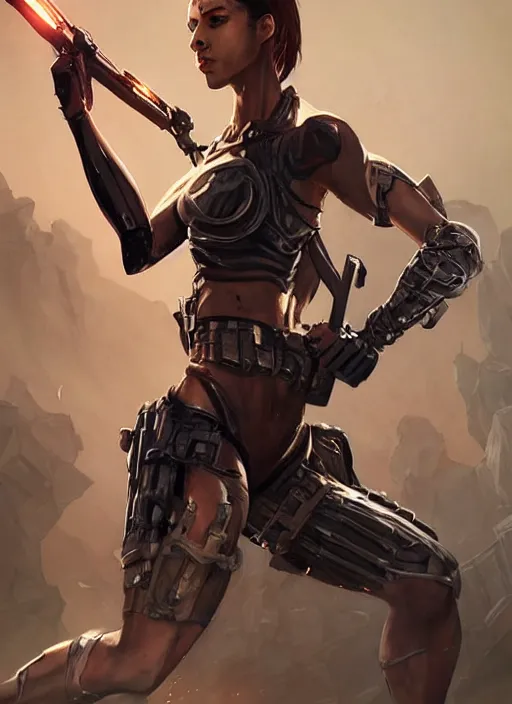 Image similar to poster!! beautiful new female character for 7 days to die, character concept art, action pose, illustration, full body armor, steel plating, huge weapon, super powers, athletic, symmetry, intricate design, shiny, highly detailed, hd, dramatic lighting, art by artgerm and greg rutkowski