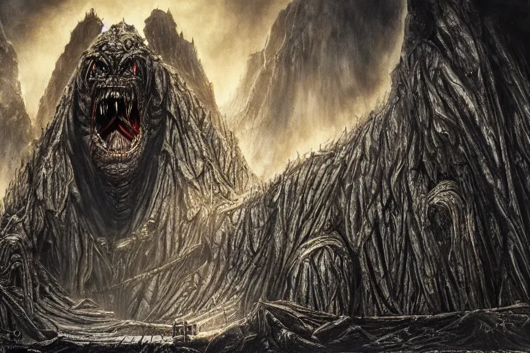 Image similar to a balrog lurking in moria, style of h. r. giger, many columns, mines of moria from the lord of the rings in the style of h. r. giger, directed by ridley scott, dark, cinematic, highly detailed, cinemascope