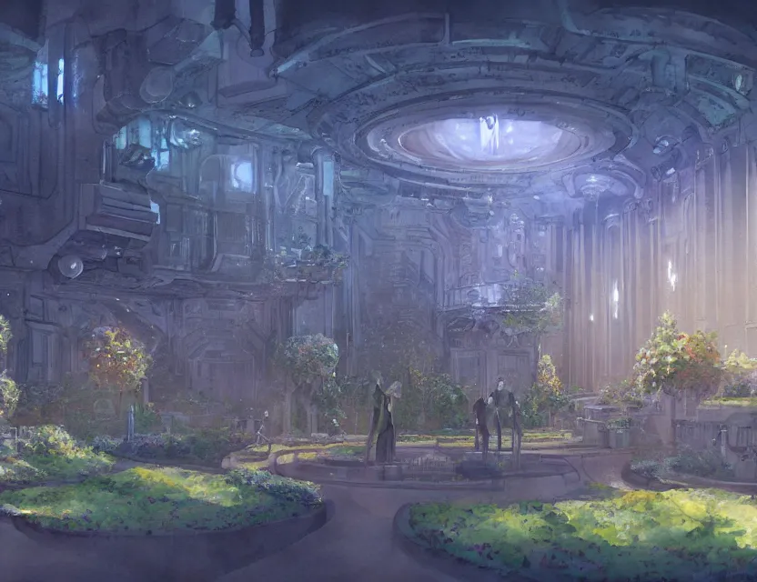 Prompt: french formal garden in a space fortress. this watercolor painting by the award - winning concept artist has cinematic lighting, an interesting color scheme and intricate details.