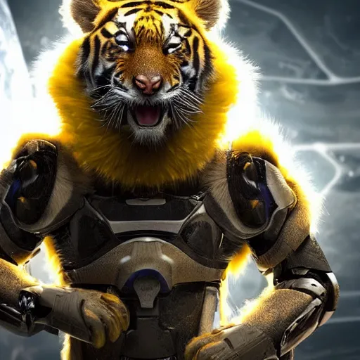 Prompt: humanoid with tiger-like features in futuristic space armor with force fields, yellow eyes, teeth that protrude past the lower lip and fine grayish fur on their faces and backs of their hands and carrying weapons, octane,