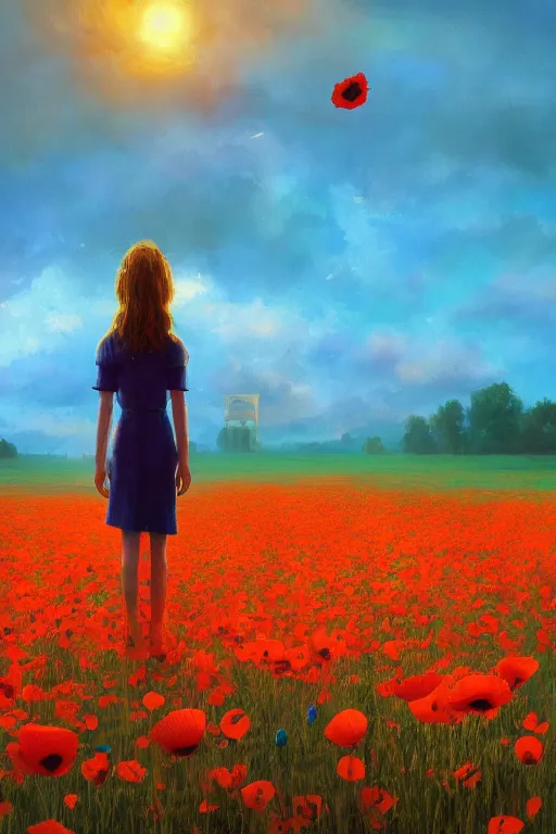 Prompt: closeup, giant poppy flower head, girl standing in a field of flowers, surreal photography, sunrise, blue sky, dramatic light, impressionist painting, digital painting, artstation, simon stalenhag