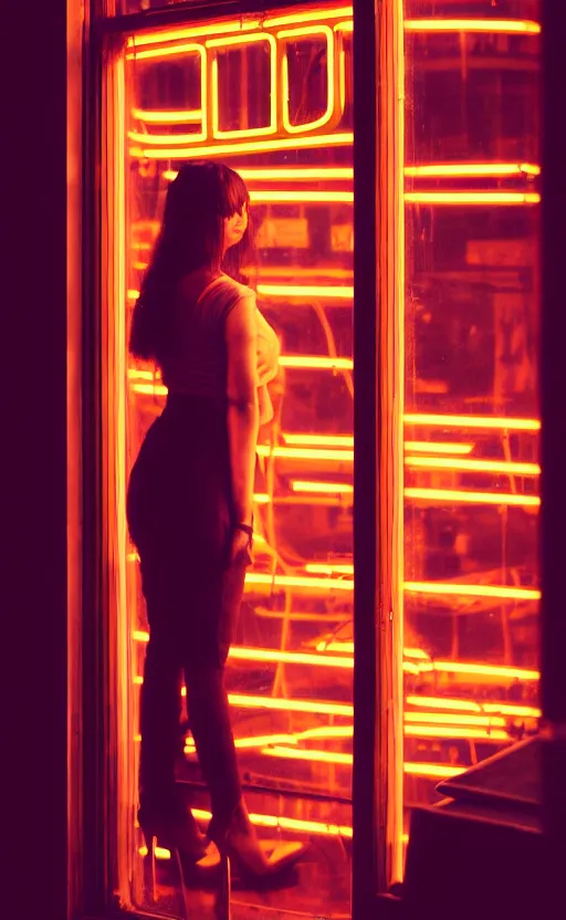 Image similar to vertical portrait of girl in 5 0's retro restaurant interior, neon - decorated urban on night in the city seen through the window, modern interior design, architectural design, vintage, night blade runner, dark, postapocalyptic, clean lines, 4 k, octane, asian futuristic city at distance, big windows, octane, wide angle