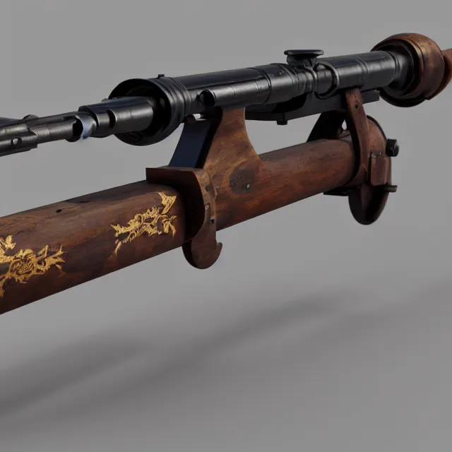 Image similar to wrought - iron cannon gun arquebus with wooden intarsia grip ( ( and telescopic sight ) ), unreal engine, 8 k render