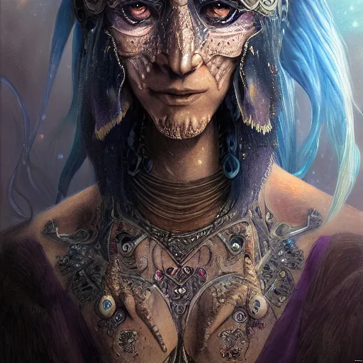 Image similar to a WLOP 3d render of Very very very very highly detailed mystic, enigmatic, strange portrait of a phantom warrior with galaxy, tattoos by Anton Pieck, intricate, extremely detailed, digital painting, artstation, concept art, smooth, sharp focus, illustration, intimidating lighting, incredible art,