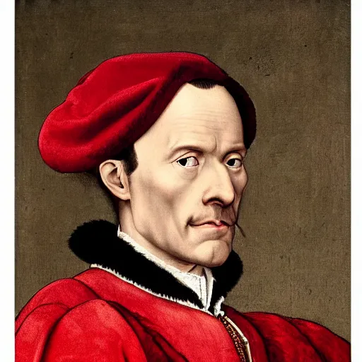 Image similar to a highly detailed portrait of phoenix wright, wearing elegant tudor clothes, inside a room with thick red tapestries, oil painting by hans holbein and alessandro allori and richard burbage