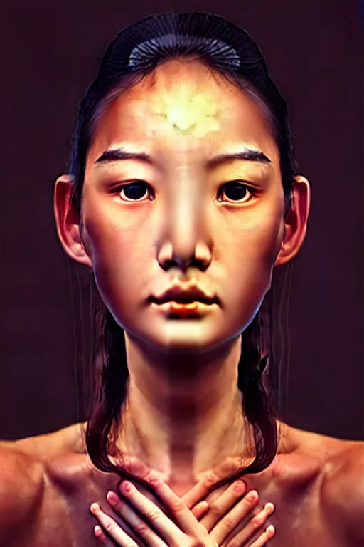 Prompt: a photorealistic detailed cinematic image of a face portrait of a beautiful young slender vietnamese model, spiritual science, grace, prayer, soul perculates, portrait, by david a. hardy, kinkade, range murata, warhol, orthodox christianity