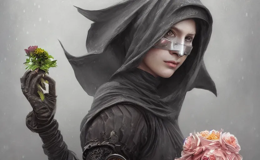 Prompt: female plague doctor holding flowers, heavy rain, wind, thunder, reflections, deep focus, d & d, fantasy, intricate, elegant, highly detailed, digital painting, artstation, concept art, matte, sharp focus, illustration, hearthstone, art by artgerm and greg rutkowski and alphonse mucha