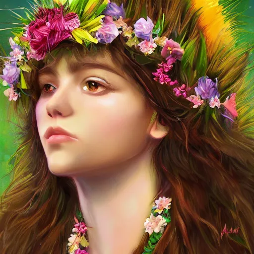 Prompt: oil painting portrait of a long haired fluffy cat wearing flower crown and lei necklace on tropical island background digital art, concept art, highly detailed, 3-D 4k, trending on art station, Mark Brooks,