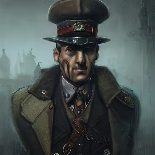 Prompt: steampunk soviet policeman, fog, darkness, evil, magic the gathering artwork, D&D, fantasy, cinematic lighting, centered, symmetrical, highly detailed, digital painting, artstation, concept art, smooth, sharp focus, illustration, volumetric lighting, epic Composition, 8k, art by Akihiko Yoshida and Greg Rutkowski and Craig Mullins, oil painting, cgsociety