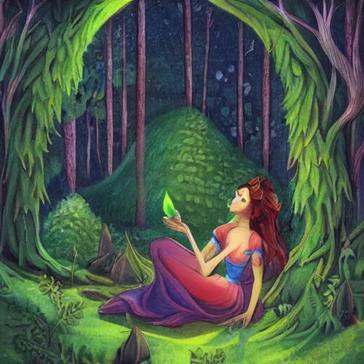 Image similar to a green genie surrounded by forest, fantasy illustration