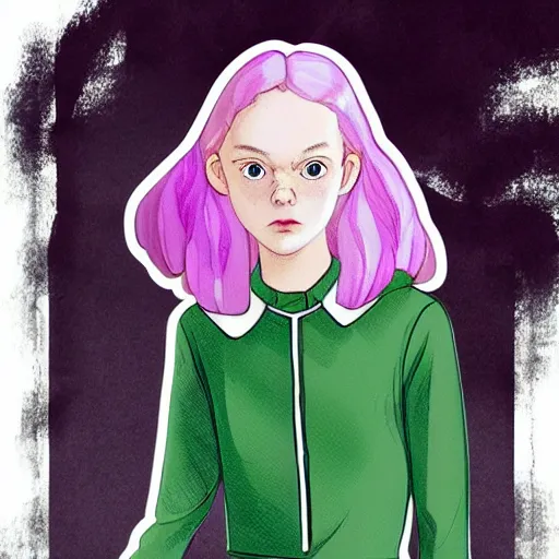 Prompt: elle fanning as a slytherin student in the style of the video stranger things, paprika, white on silver on green