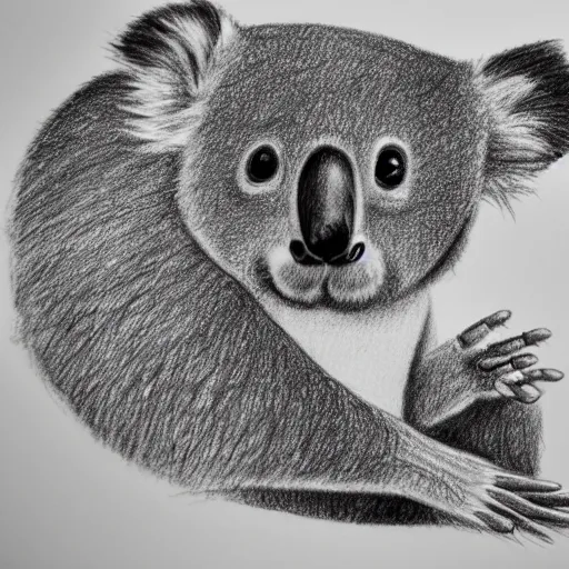 Image similar to a hand drawn pencil sketch of a quizzical koala staring at a bubble black and white illustration