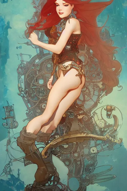 Image similar to ariel little mermaid as a steampunk half - cyborg cowgirl, pelt coats, high fantasy, dnd, smooth, sharp focus, illustration, highly detailed, digital painting, artstation, concept art, by rossdraws, alphonse mucha, frank fanzzeta, collectible card art