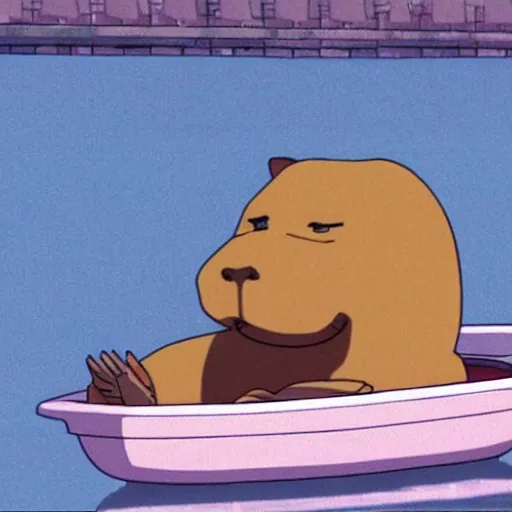 Prompt: the scene of a capybara chilling in a bathtub in the movie spirited away by studio ghibli