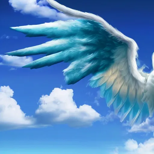 Image similar to bright blu sky. fluffy clouds. angels with big wings wake - up