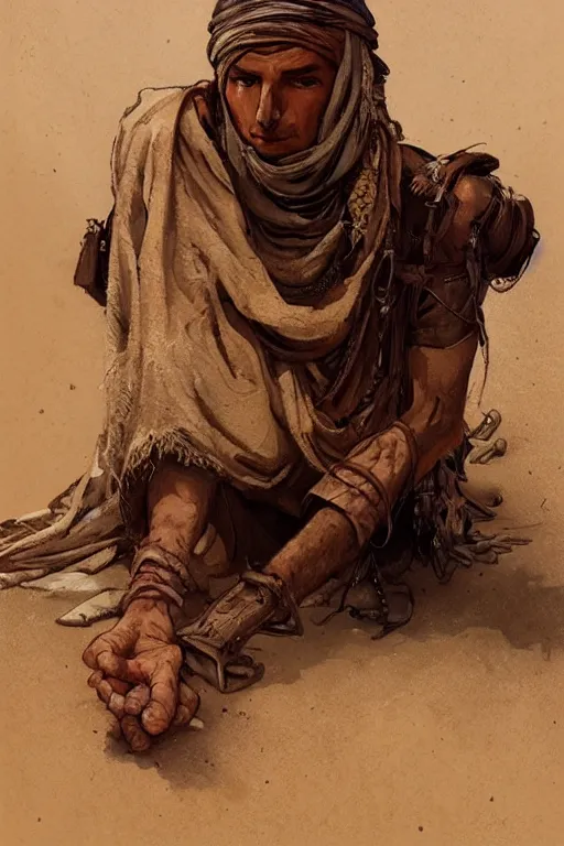 Image similar to a full body portrait of a beautiful post apocalyptic offworld desert bedouin blind barbarian leper laying by the roadside, begging, intricate, elegant, highly detailed, digital painting, artstation, concept art, smooth, sharp focus, illustration, art by krenz cushart and artem demura and alphonse mucha