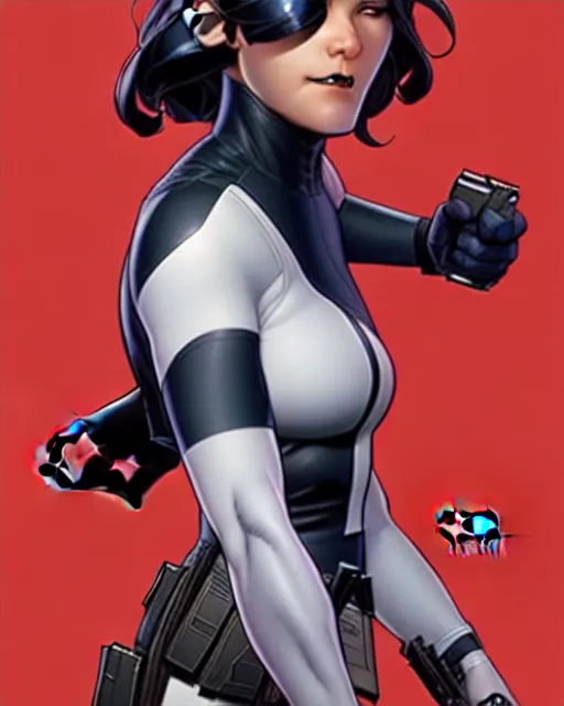 Prompt: phil noto comicbook cover art, artgerm, female domino marvel x - force, black circle spot right eye, symmetrical eyes, long red hair, full body, city rooftop