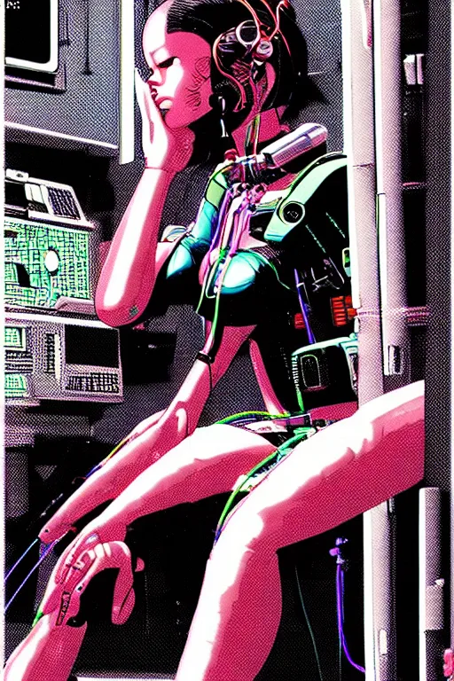 Prompt: a perfect cyberpunk illustration of a female android seated on the floor in a tech labor, seen from the side with her body open showing cables and wires coming out, by masamune shirow and katsuhiro otomo, japan, 1980s, dark, colorful