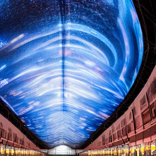 Prompt: high quality professional canon wide - angle lens photo of large scale immersive public art installation by refik anadol inside printworks london venue width large led screen on ceiling, mirror on floor and big sphere for video projection on center.. installation about deep nebula space and proto planet. planet visually reacts people with color fluid wave on the surface.