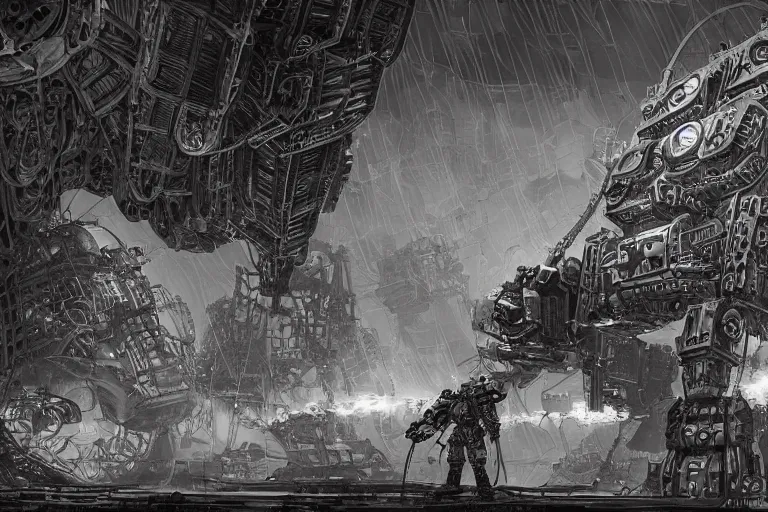 Image similar to dieselpunk mechs that look like Dragonfly, inside an gigantic underground concrete doom hangar, interior structure, drains, storm drains, jungle, vines, algea, cables, panels, walls, ceiling, floor, doors, brutalist architecture, intricate ink drawing, highly detailed in the style of Ashley Wood, moebius and Tsutomu Nihei, photorealistic, cinematic, intricate detail, well lit,