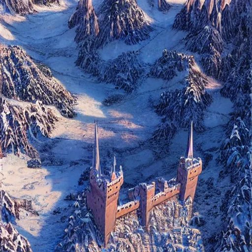 Prompt: An aerial view of a narrow valley in winter, with a tall castle guarding one end, fantasy style, art by Moebius, art by James Gurney, hyper detailed, high quality