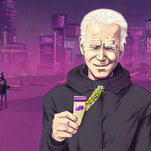 Image similar to anime joe biden eating ice cream, 3 5 mm film still, wired landscape, cyberpunk, volumetric lighting, photo realistic, digital art, anime background, violet colour palette, very detailed faces