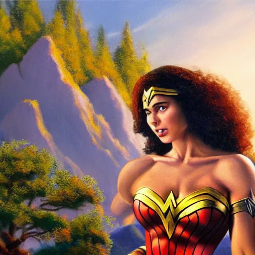 Image similar to a closeup photorealistic photograph of bob ross working on a canvas painting of wonder woman. film still. brightly lit scene. mountains and trees. this 4 k hd image is trending on artstation, featured on behance, well - rendered, extra crisp, features intricate detail, epic composition and the style of unreal engine.