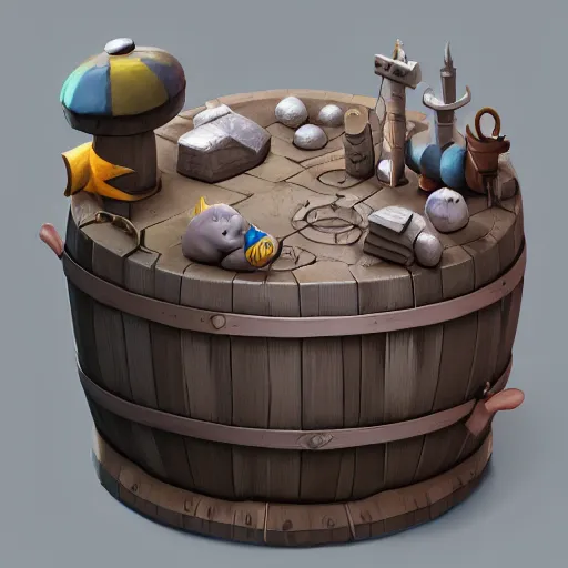 Image similar to isometric 3 d fantasy cute barrel, smoth 3 d illustration, cinematic matte painting, soft render, servando lupini, handpaint texture, blender, 3 dcoat